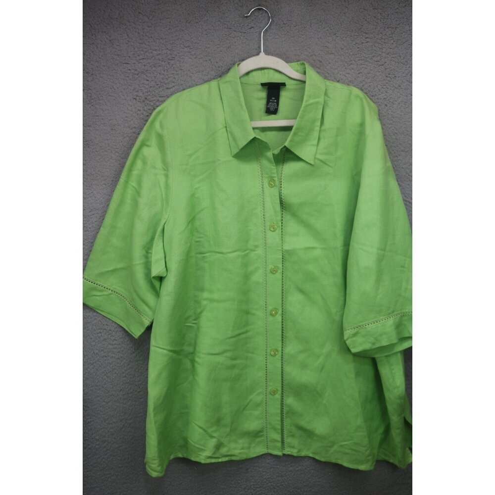 Maggie Barnes 3/4 Sleeve Crochet Button Up Top-Linen Blend-Size 2X-Beachy
